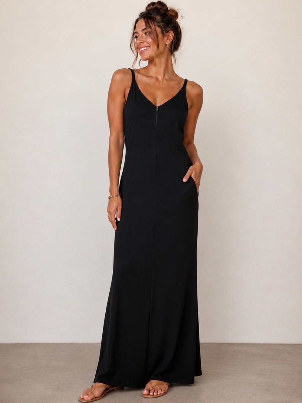 NWT Dress the Population Iris split side crepe maxi dress. Black, women’s Med.